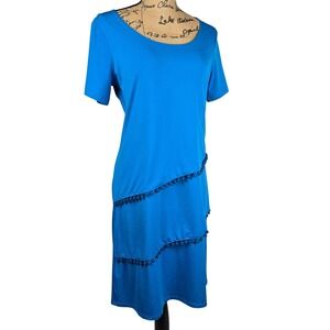 Sunny Leigh Women's Blue Casual T-Shirt Dress Pom Pom Tiered Size‎ M